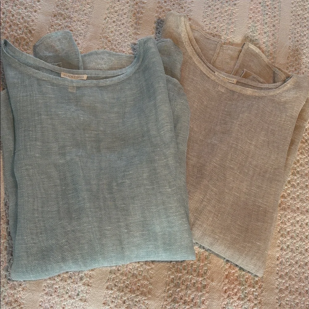 2 Eileen Fisher mesh organic linen tunic tops * tan and light blue * sz LG - Picture 11 of 13
